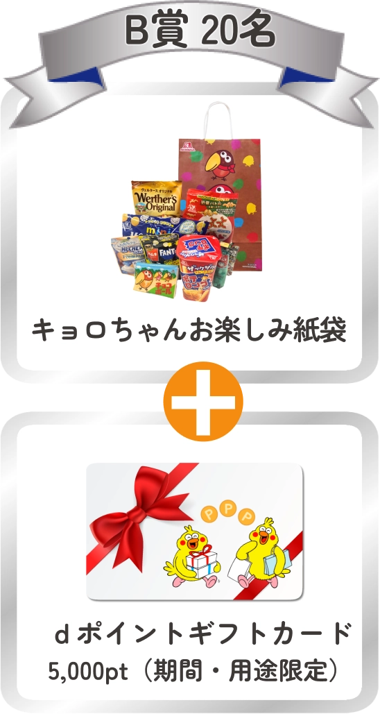 B賞（20名）：キョロちゃんお楽しみ紙袋+dポイントギフトカード5,000pt（期間・用途限定）