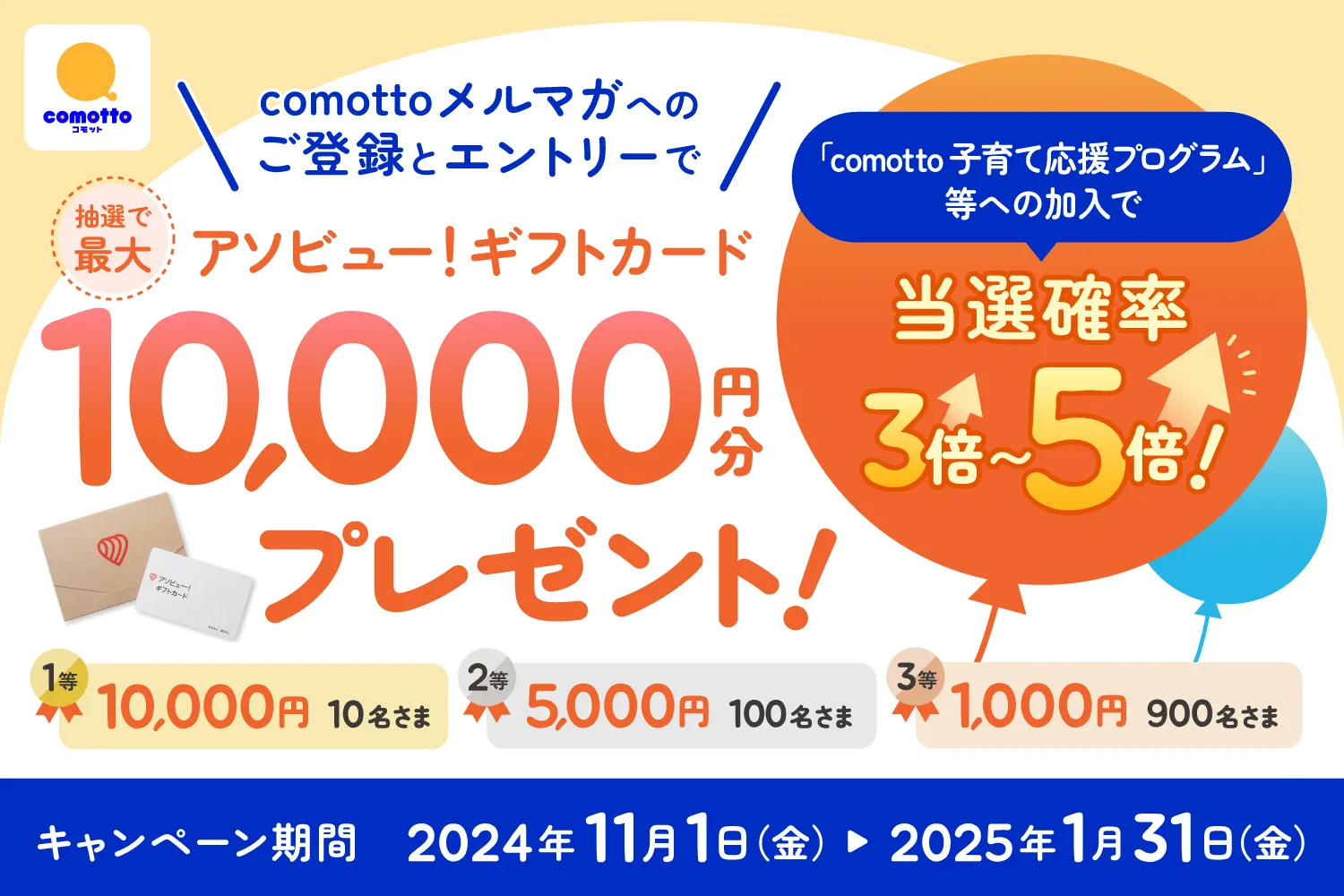 comottoメルマガ会員へのご登録とエントリーで、抽選でAmazonギフトカード10,000円分プレゼント！